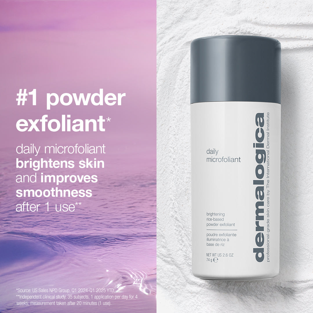 A bottle of Dermalogica South Africa Daily Microfoliant, the #1 brightening powder exfoliant, next to text stating it improves skin smoothness after one use.