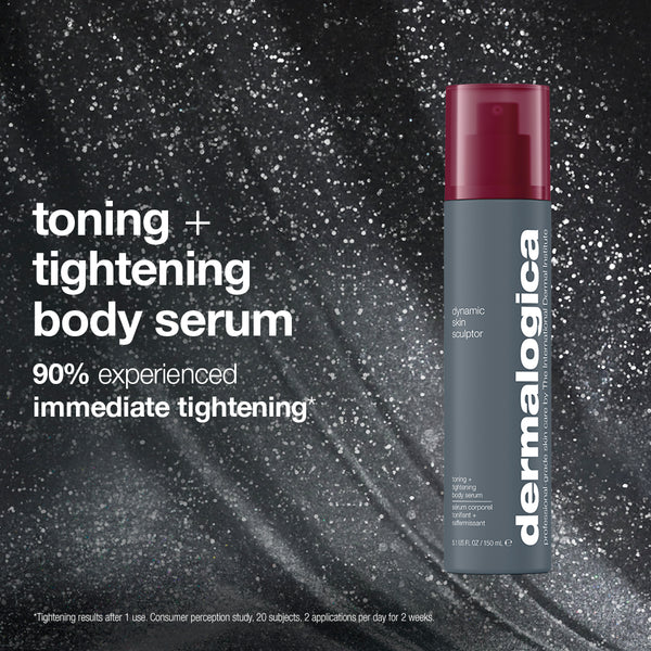 A bottle of Dermalogica South Africa the body reset set (2 full-size) firming body serum labeled with text reading toning + tightening body serum and 90% experienced immediate tightening for skin smoothing.
