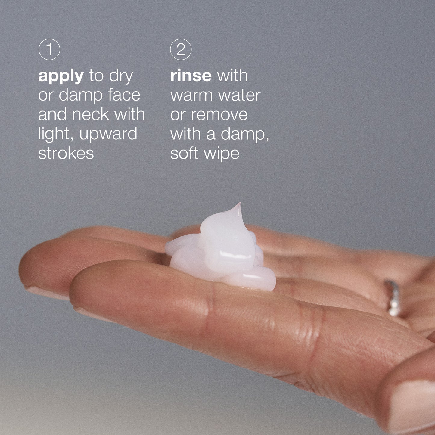 A hand holds a small amount of Dermalogica ultracalming cleanser; instructions: 1. Apply to dry or damp face and neck with light upward strokes. 2. Rinse with warm water or remove with a damp, soft wipe—ideal for sensitive skin.