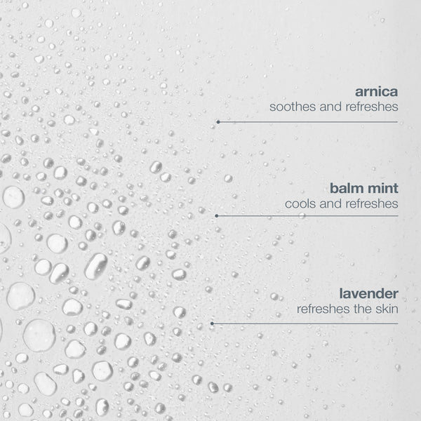 Water droplets scatter on a pale background, highlighting the benefits of Dermalogica's multi active toner: arnica soothes and refreshes, balm mint cools and refreshes, and lavender refreshes skin for optimal moisture absorption.