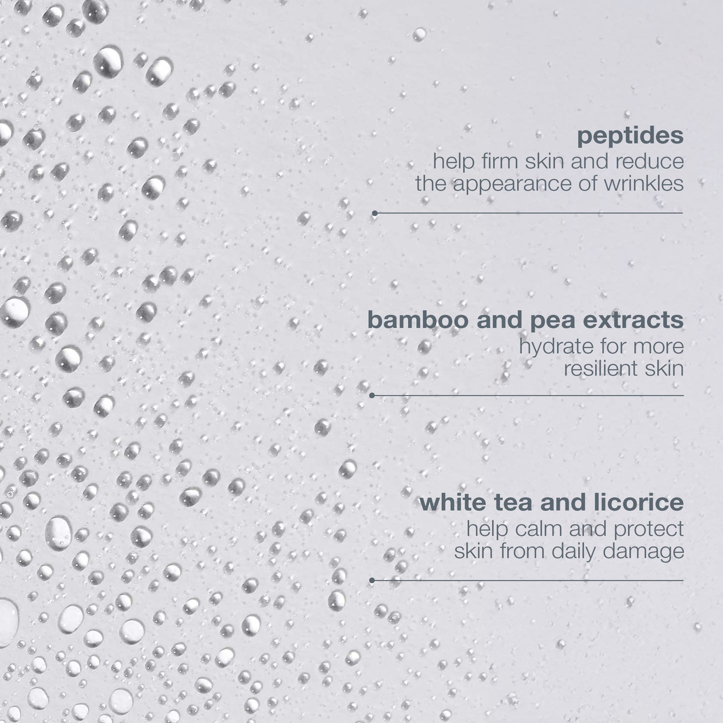 Close-up of water droplets on a light surface with text about Dermalogica antioxidant hydramist: peptides for firm skin, bamboo and pea extracts to hydrate, plus white tea and licorice to calm and protect your skin.
