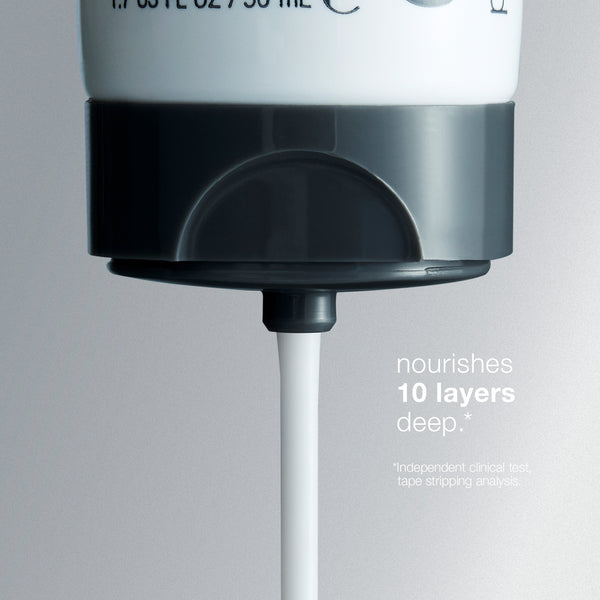 A close-up of a white and gray Dermalogica intensive moisture balance tube dispensing a thin stream of ultra-nourishing moisturizer. Text reads, nourishes 10 layers deep* with a note referencing an independent clinical test.