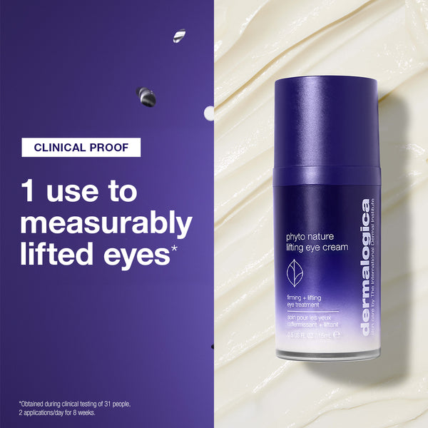 A bottle of Dermalogica South Africa the expert lift set Phyto Nature lifting eye cream against a purple background with the text: Clinical Proof. 1 use to measurably lift and firm eyes.