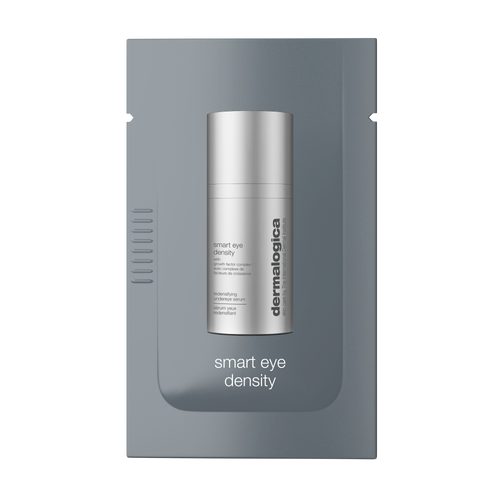A silver bottle of Dermalogica South Africa smart eye density undereye serum sample is displayed in sleek gray packaging, with the product name at the bottom and the brand name on the right side of the bottle.