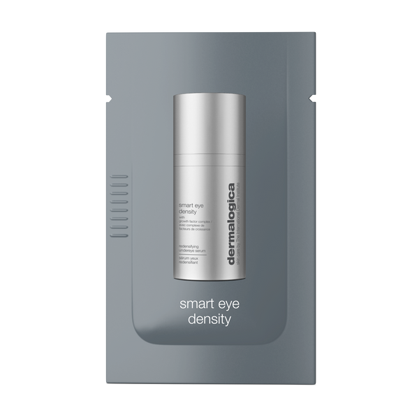 A silver bottle of Dermalogica South Africa smart eye density undereye serum sample is displayed in sleek gray packaging, with the product name at the bottom and the brand name on the right side of the bottle.