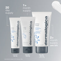 A white tube of Dermalogica active moist moisturizer with a grey cap stands upright on a white background. The front features blue molecular graphics and grey text. It’s powered by a Prebiotic Moisture Complex to combat surface dehydration.