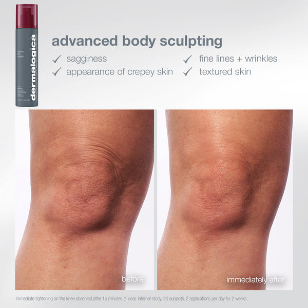 Before-and-after comparison of a knee showing reduced crepiness and wrinkling after using the body reset set (2 full-size) by Dermalogica South Africa, with text listing benefits like reduced sagginess and fine lines from body smoothing.