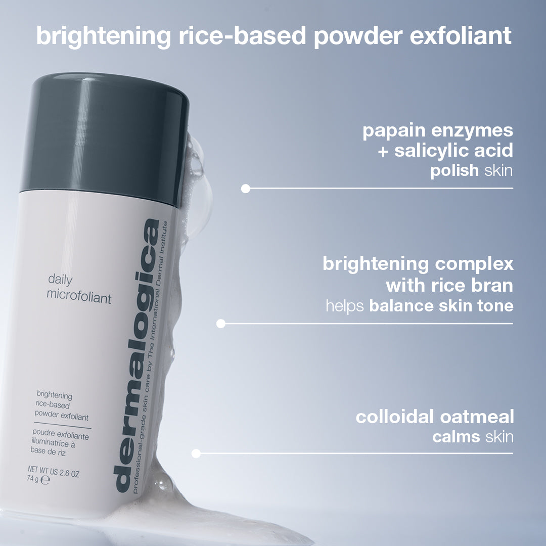 A bottle of Dermalogica South Africa pro ritual: exfoliate + glow set with foam dripping down its side, next to a list of ingredients and their benefits for glowing skin, including papain enzymes, salicylic acid, rice bran, and colloidal oatmeal.