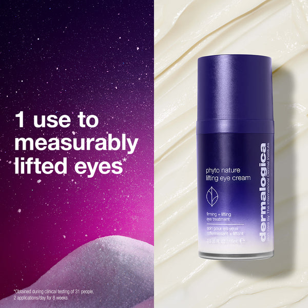 A tube of Dermalogica South Africa the ultimate expertise set firming eye cream set against a textured cream background, with text reading 1 use to measurably lifted eyes over a starry purple backdrop.