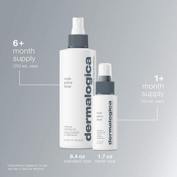 Two bottles of Dermalogica multi active toner are displayed: an 8.4 oz for up to 250 uses and a 1.7 oz travel size for up to 50 uses. Text highlights long-lasting hydration and effective moisture absorption benefits.