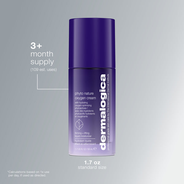 A purple bottle of Dermalogica phyto nature oxygen cream is centered on a gray gradient background, with text noting "3+ month supply (109 est. uses)" and "1.7 oz standard size." Product features and benefits are shown on the bottle.