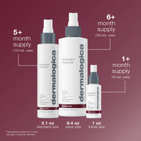 A white spray bottle of Dermalogica antioxidant hydramist, an antioxidant toner for firm, hydrated skin, with a gray pump and cap. 1.0 fl oz (30 ml), text emphasizes hydrating and firming benefits; shown on a white background.
