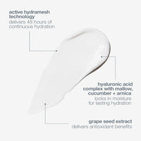A white 15 ml tube of Dermalogica skin smoothing cream with a dark gray cap, blue and gray text, and an Active HydraMesh Technology graphic provides 48 hours of hydration.