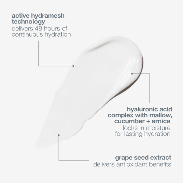 A white cream swatch of Dermalogica’s skin smoothing cream on a light grey background highlights its Active HydraMesh Technology and Hyaluronic Acid Complex for lasting hydration, plus antioxidant-rich grape seed extract benefits.