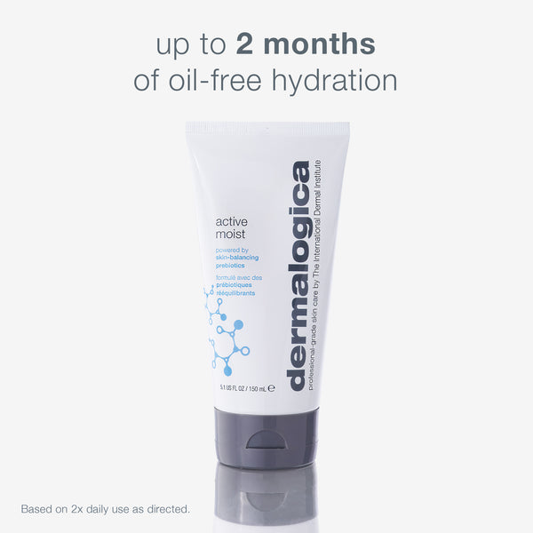 A tube of Dermalogica active moist stands upright on a white background with text above it: "Up to 2 months of oil-free hydration." Plant extracts and Prebiotic Moisture Complex help combat surface dehydration, as detailed on the tube.