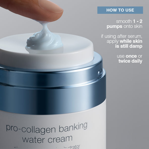 A finger dispenses light blue pro-collagen banking water cream by Dermalogica South Africa from a jar. Instructions: smooth 1-2 pumps onto damp skin for anti-aging benefits; use once or twice daily.