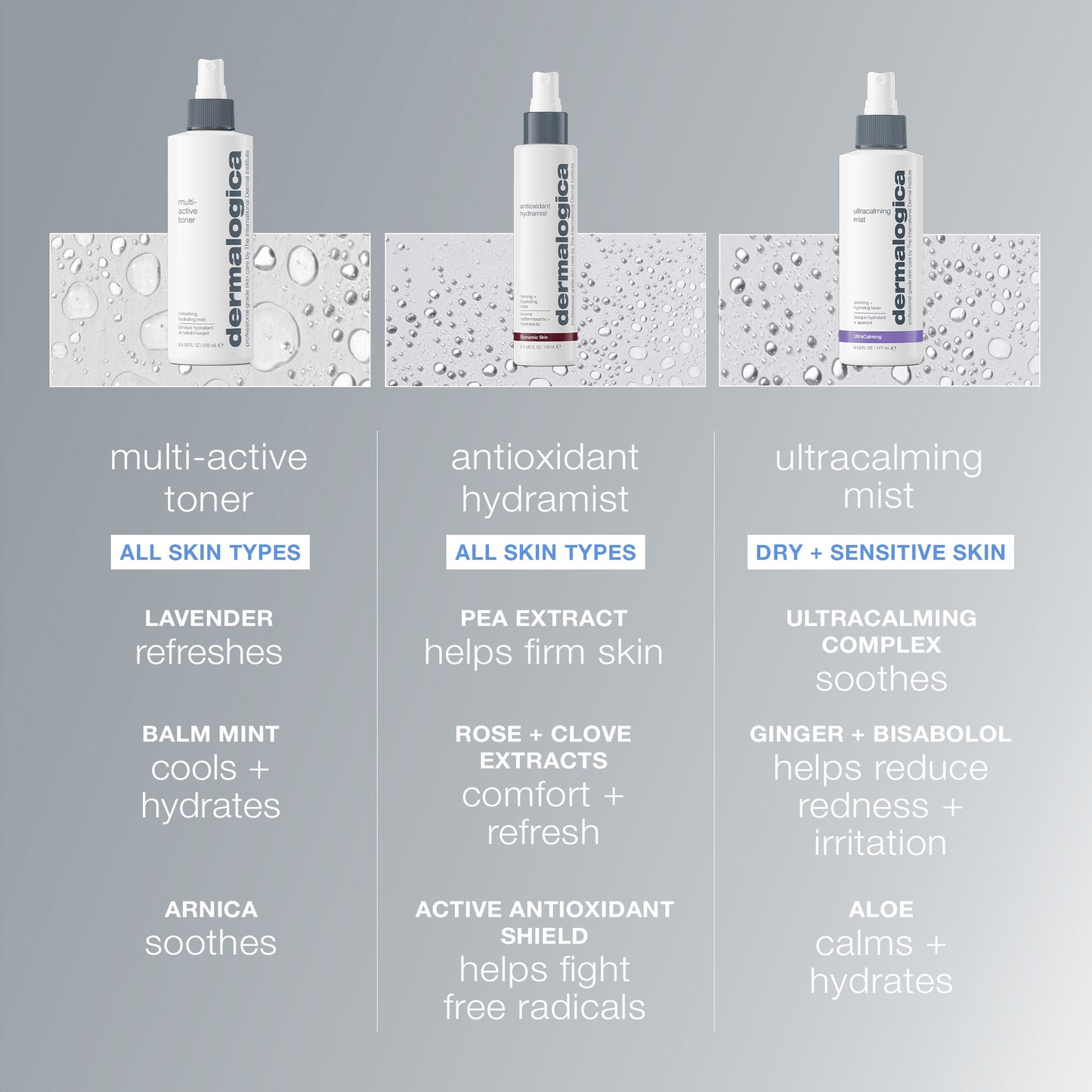 Three Dermalogica sprays—Multi-Active Toner for all skin types, Antioxidant Hydramist for hydration, and Ultracalming Mist for dry/sensitive skin—feature key ingredients that boost moisture absorption.