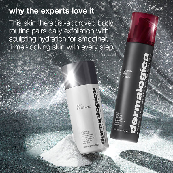 A white cylindrical body exfoliant and a tall, dark firming serum with a red cap from the body reset set (2 full-size) by Dermalogica South Africa sit atop a pile of white powder, with text overhead describing them as a body routine.