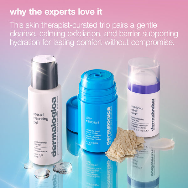 A Dermalogica South Africa expert barrier repair set (3 travel-size) including a Special Cleansing Gel, a blue powder exfoliant, and a Stabilizing Repair Cream, with a small pile of powder and a dollop of cream in the foreground.