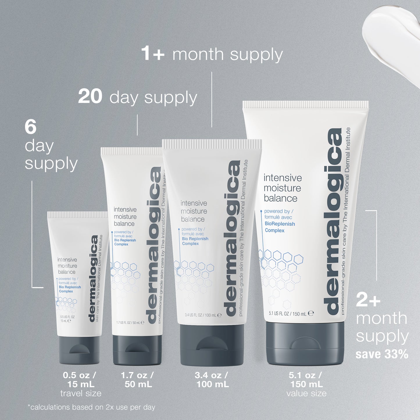 Four tubes of Dermalogica intensive moisture balance in different sizes provide lasting hydration and help restore your lipid barrier, with supplies ranging from 6 days to over 2 months.