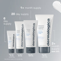 A white tube of Dermalogica intensive moisture balance moisturizer with a gray cap stands upright on a white background. The front displays the brand and product name, emphasizing skin barrier support and optimal lipid balance.