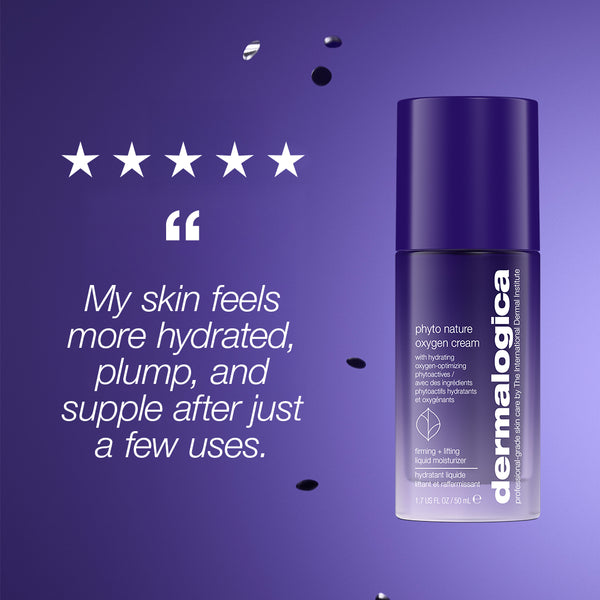 A purple pump bottle of Phyto Nature Oxygen Cream from the expert lift set (3 full-size) next to a five-star rating and a testimonial about hydrated, plump, and supple skin, ideal for skin aging.
