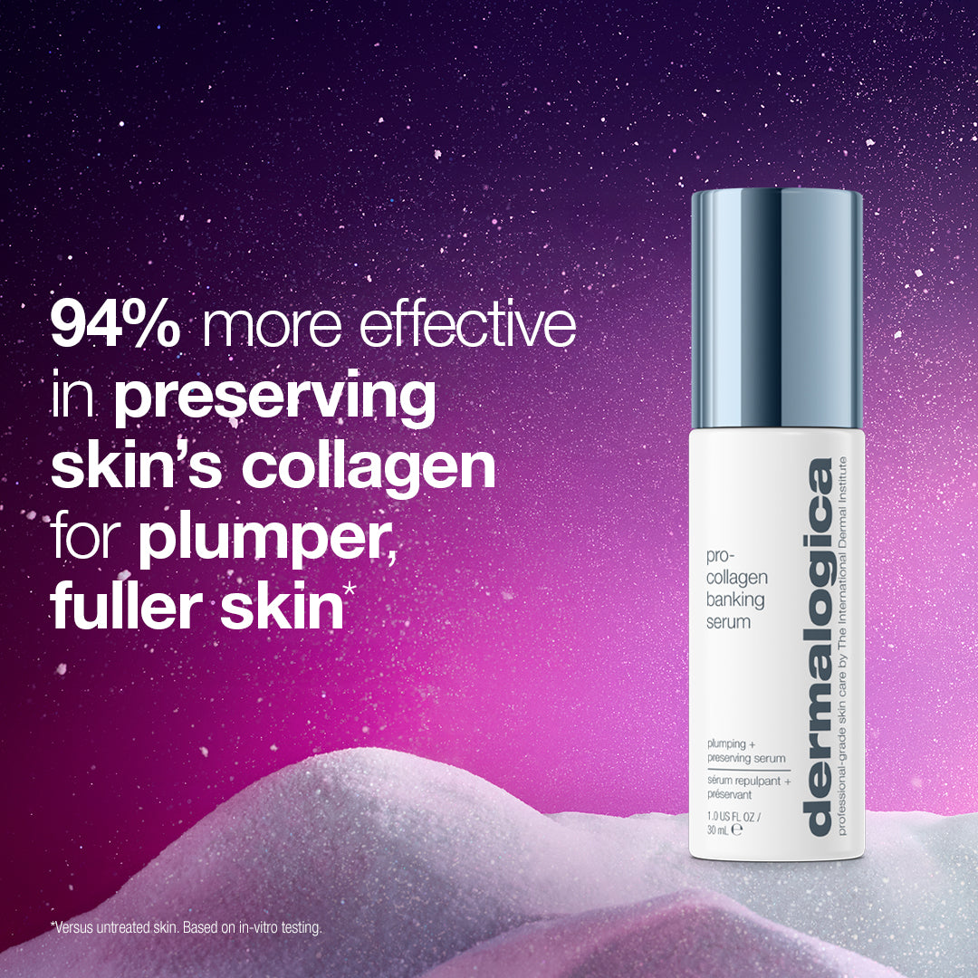 A bottle of the ultimate expertise set pro-collagen banking serum stands in a snowy landscape against a starry purple sky, with text claiming 94% higher effectiveness at preserving collagen than standard retinol serum.
