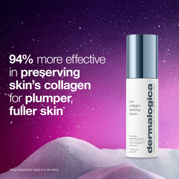 A bottle of the ultimate expertise set pro-collagen banking serum stands in a snowy landscape against a starry purple sky, with text claiming 94% higher effectiveness at preserving collagen than standard retinol serum.