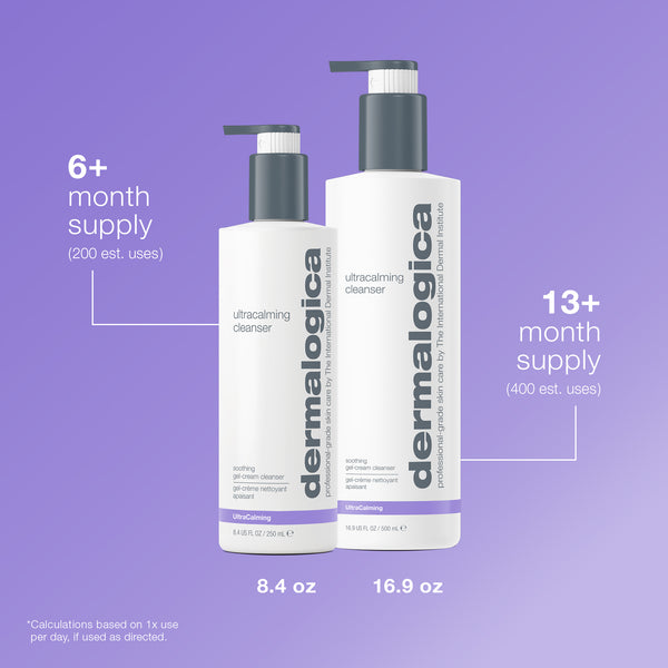 Two bottles of Dermalogica ultracalming cleanser for sensitive skin on a purple gradient background: 8.4 oz (6+ months) and 16.9 oz (13+ months), supply estimates based on once daily use.