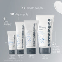 A white 15 ml tube of Dermalogica skin smoothing cream with a dark gray cap, blue and gray text, and an Active HydraMesh Technology graphic provides 48 hours of hydration.
