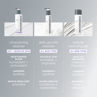 A 250 mL (8.4 fl oz) white and gray Dermalogica ultracalming cleanser bottle with purple accents, a gentle pH-balanced gel-cream for sensitive skin that soothes as it cleanses.
