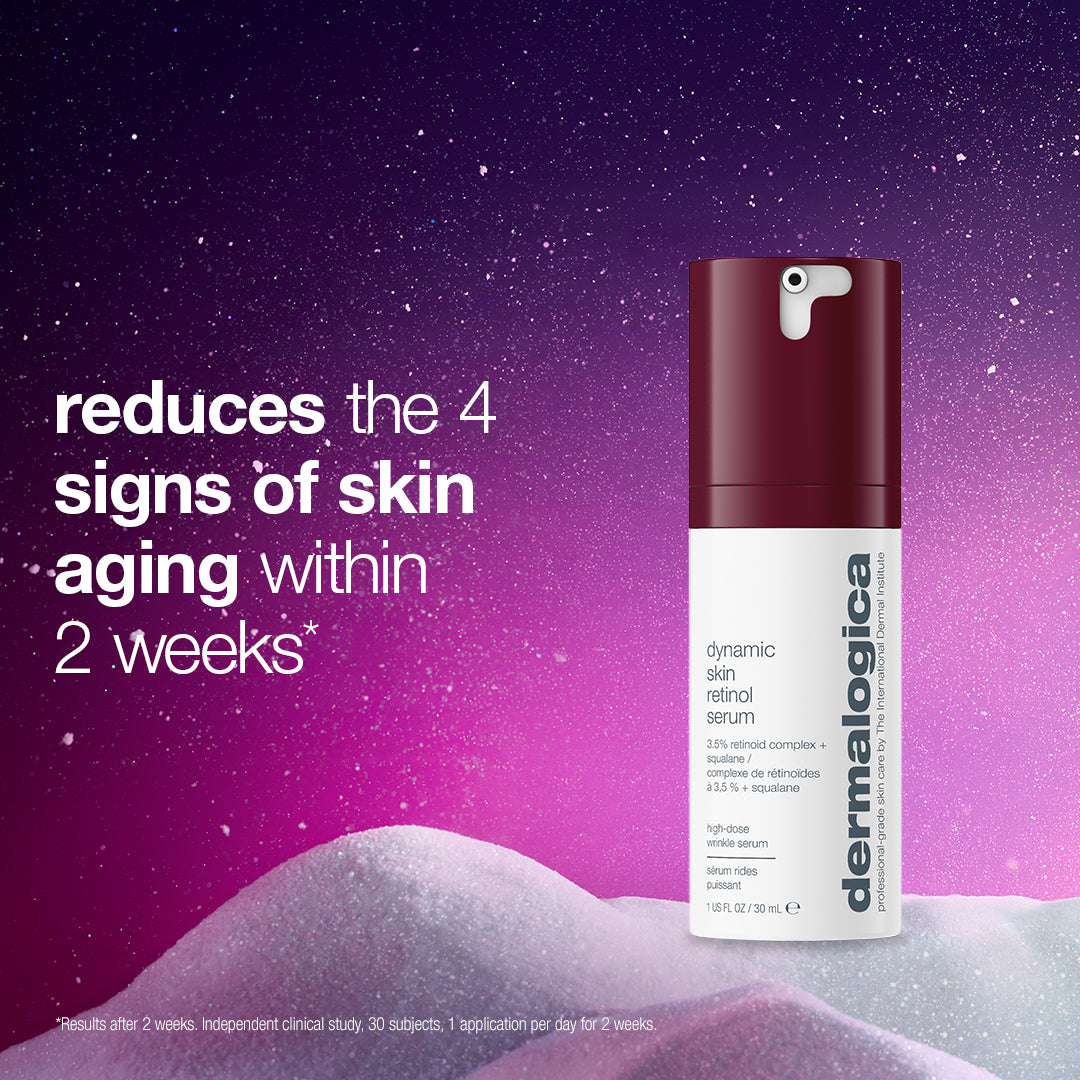 A pump bottle of Dermalogica South Africa the ultimate expertise set dynamic skin retinol serum next to text stating it reduces the four signs of skin aging within two weeks.