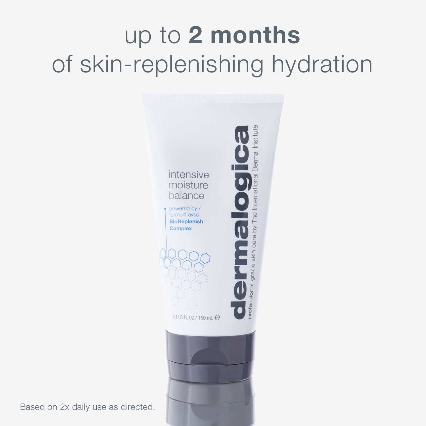 A tube of Dermalogica intensive moisture balance stands upright on a white background, with text above stating "up to 2 months of replenishing hydration" and highlighting its support for the skin’s lipid barrier.