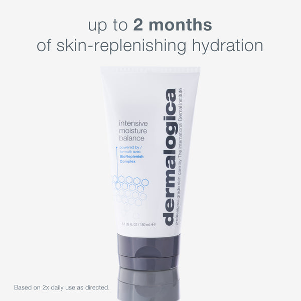 A tube of Dermalogica intensive moisture balance stands upright on a white background, with text above stating "up to 2 months of replenishing hydration" and highlighting its support for the skin’s lipid barrier.