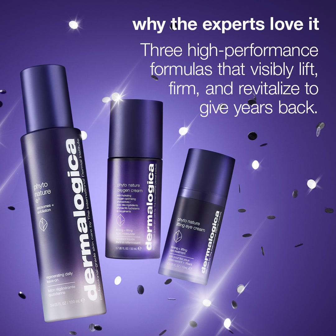Dermalogica South Africa the expert lift set, containing Phyto Nature regenerating lotion, oxygen cream, and eye treatment, displayed against a purple background with floating metallic confetti to help lift and firm.