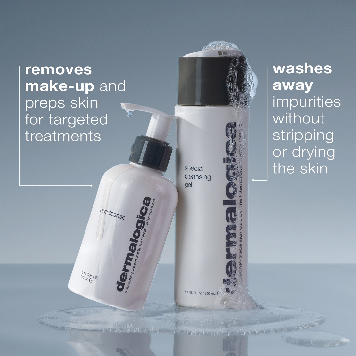 Dermalogica Precleanse and Special Cleansing Gel bottles stand together with water droplets, showcasing their double cleanse power: Precleanse removes makeup while the gel washes away impurities for a thorough clean.