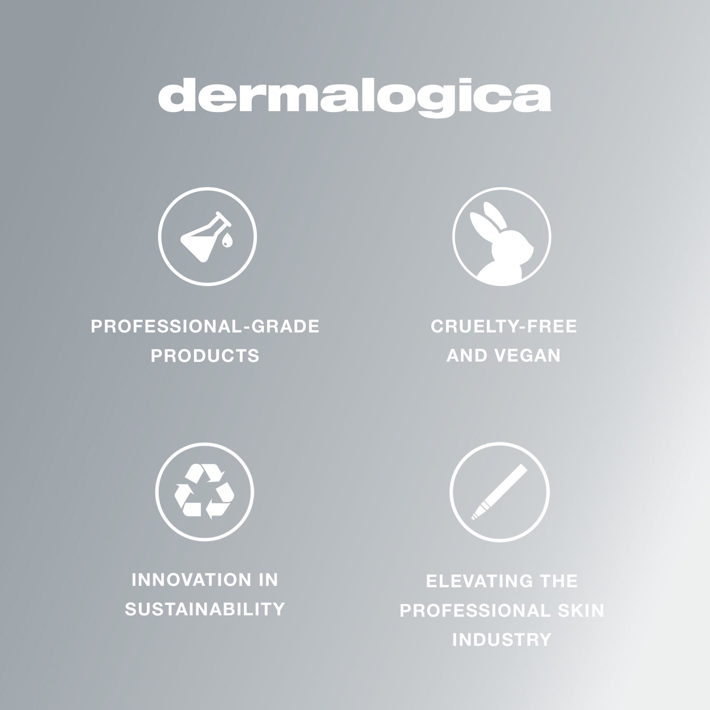 Dermalogica logo with four icons and text: Professional-grade products, Cruelty-free and vegan, Innovation in sustainability, Elevating the professional skin industry—plus a highlight of expert hydration from Dermalogica multi active toner—on a gray background.
