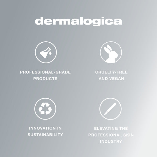 Dermalogica logo with four icons and text: Professional-grade products, Cruelty-free and vegan, Innovation in sustainability, Elevating the professional skin industry—plus a highlight of expert hydration from Dermalogica multi active toner—on a gray background.