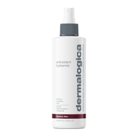 A white spray bottle of Dermalogica antioxidant hydramist, an antioxidant toner for firm, hydrated skin, with a gray pump and cap. 1.0 fl oz (30 ml), text emphasizes hydrating and firming benefits; shown on a white background.