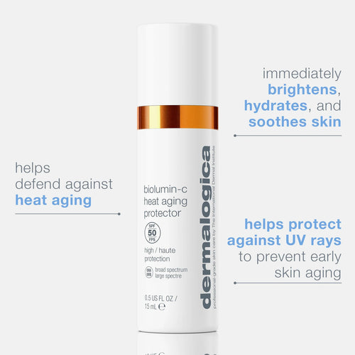 Dermalogica South Africa’s biolumin-c heat aging protector spf50 is a white bottle moisturiser with SPF 50 and a Vitamin-C complex that hydrates, soothes, brightens skin, helps defend against heat aging, and provides UV protection.