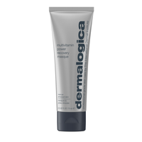 A gray tube labeled Dermalogica multivitamin power recovery masque, 0.5 US fl oz (15 mL), is a replenishing masque for aging skin with antioxidant vitamins. Packaging features English, French, and Spanish text.