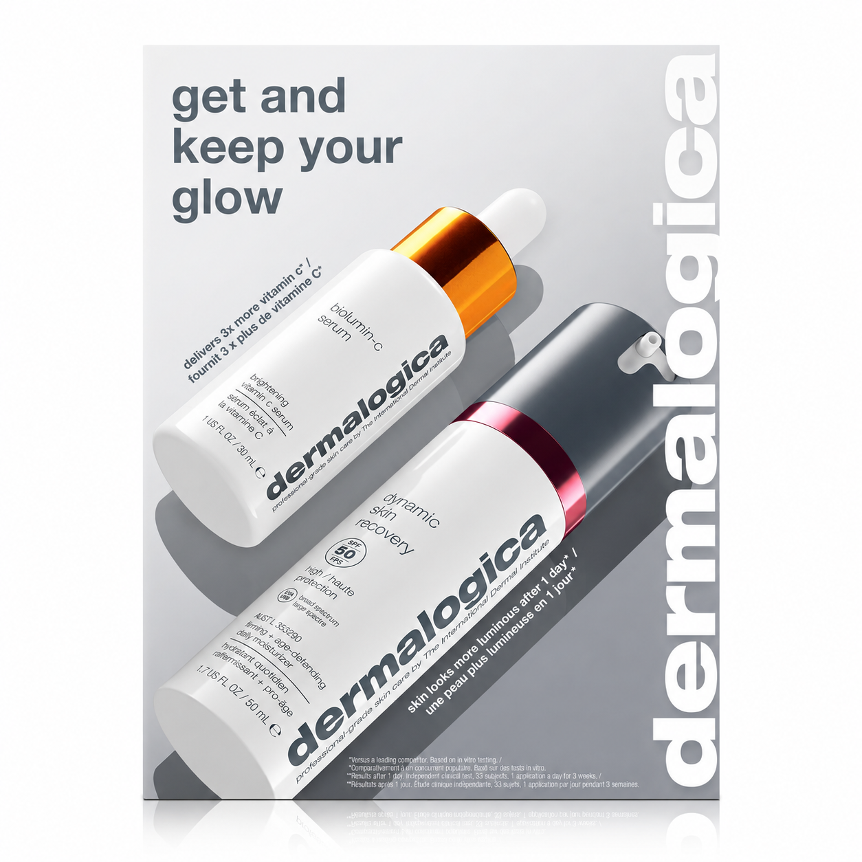 Dermalogica South Africa’s get + keep your glow kit (2 full-size) is displayed on a gray background, with “get and keep your glow” and dermalogica in bold text. The set includes products with a gold dropper cap and a metallic pink band.