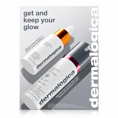 Dermalogica South Africa’s get + keep your glow kit (2 full-size) is displayed on a gray background, with “get and keep your glow” and dermalogica in bold text. The set includes products with a gold dropper cap and a metallic pink band.