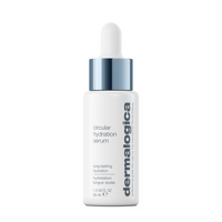 A white Dermalogica circular hydration serum bottle with a silver dropper cap features a minimalist design and label highlighting long-lasting hydration with hyaluronic acid.