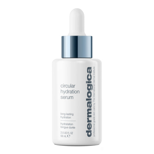 A white Dermalogica circular hydration serum bottle with a silver dropper cap features a minimalist design and label highlighting long-lasting hydration with hyaluronic acid.