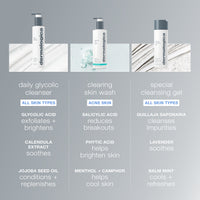 Dermalogica daily glycolic cleanser comes in a white bottle with a grey pump and bold grey text; this brightening formula renews dull skin for a revitalized complexion.