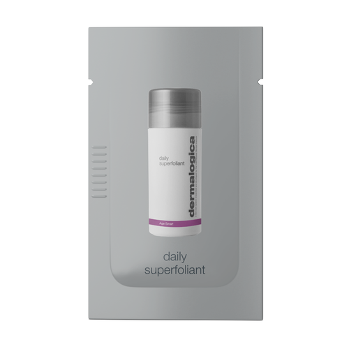 A silver sachet featuring the Dermalogica logo, a bottle image, and a purple stripe near the base, labeled as daily superfoliant sample from Dermalogica. The product name appears at the bottom of the sachet.