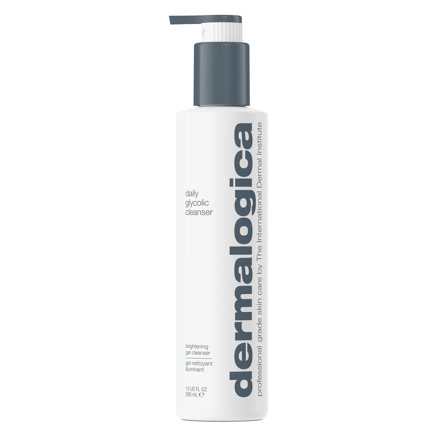 A white pump bottle of Dermalogica daily glycolic cleanser with gray text stands upright against a white background. This cleanser gently resurfaces dull skin for a radiant complexion.