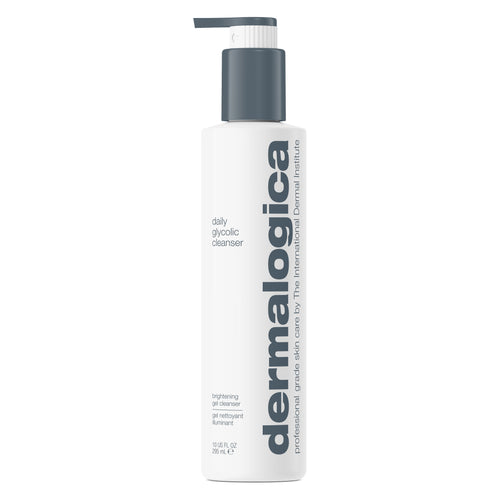 A white pump bottle of Dermalogica daily glycolic cleanser with gray text stands upright against a white background. This cleanser gently resurfaces dull skin for a radiant complexion.