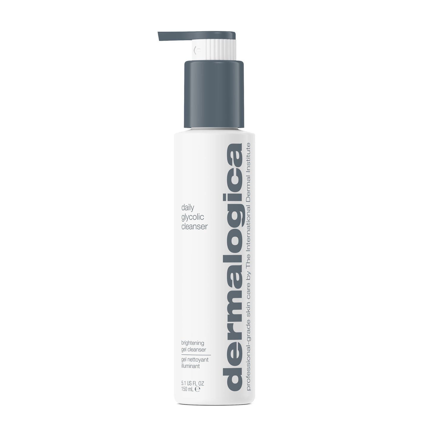 Dermalogica daily glycolic cleanser comes in a white bottle with a grey pump and bold grey text; this brightening formula renews dull skin for a revitalized complexion.